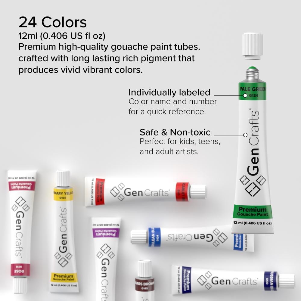 GenCrafts Gouache Paint - Quality Non Toxic Pigment Paints for Canvas, Fabric, Crafts, and More