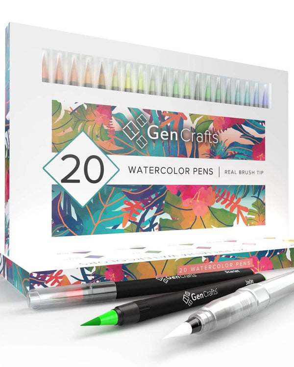 GenCrafts Watercolor Brush Pens Premium Colors - Real Brush Tips - No Mess Storage Case - Washable Nontoxic Markers - Portable Painting