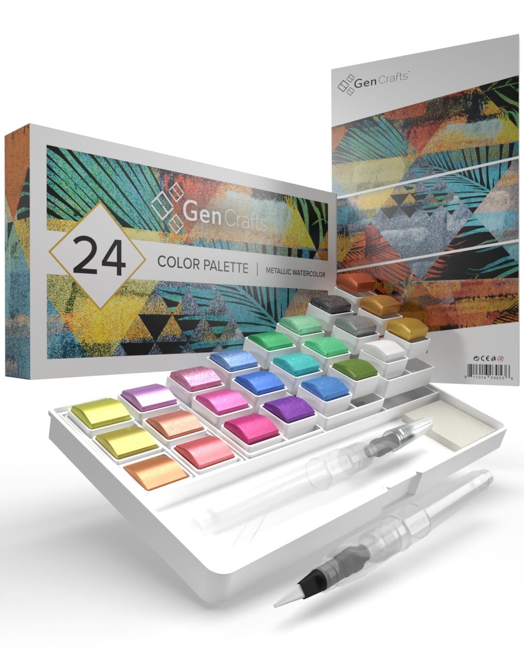 GenCrafts Watercolor Paint Palette Premium Colors with Paper Pad - 2 Refillable Brush Pens - 15 Sheets of WaterColor Paper